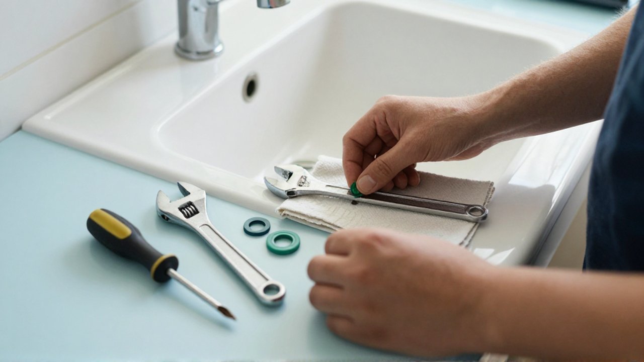 Unas manos organizan una llave ajustable, un destornillador y arandelas sobre una superficie junto a un lavabo.
