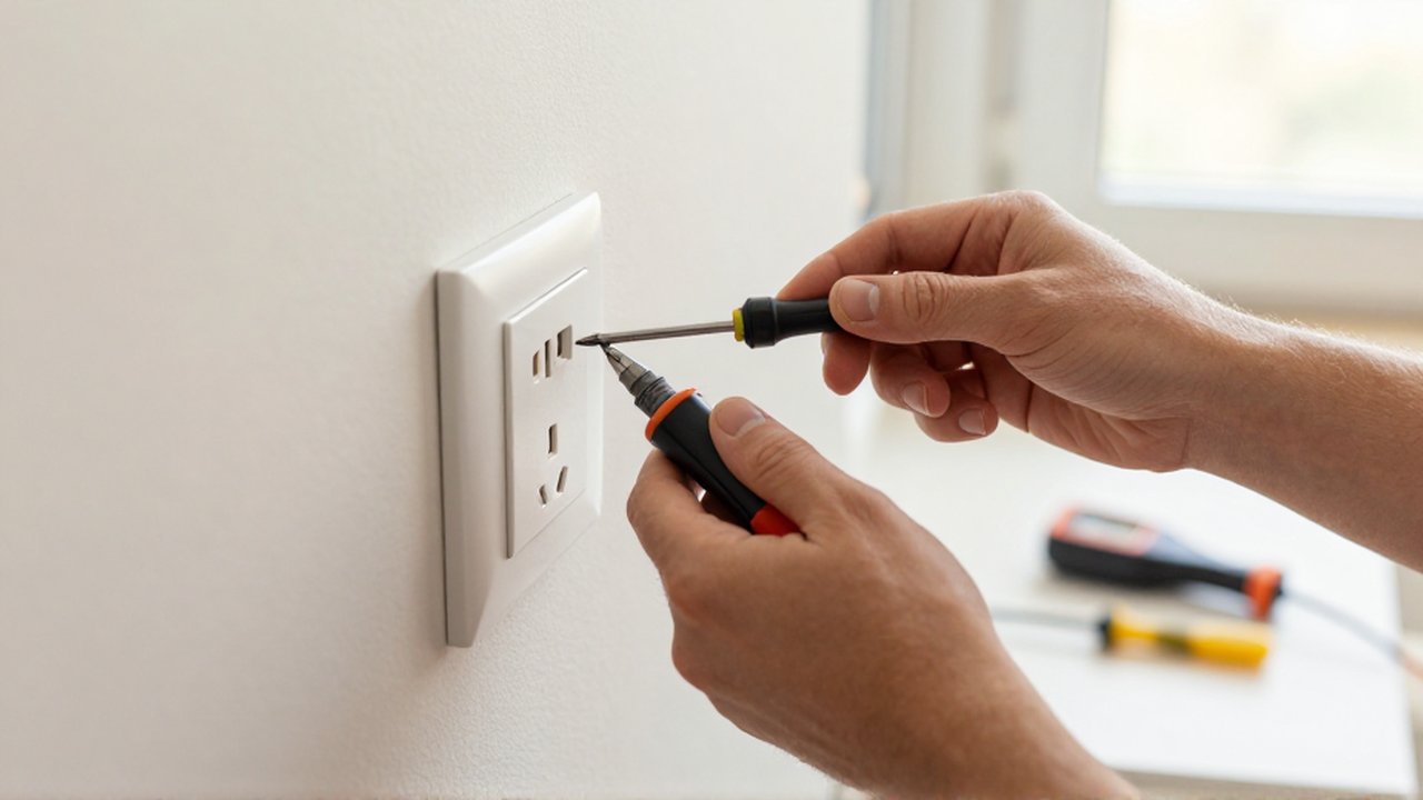 Unas manos sostienen un comprobador de voltaje cerca de un enchufe instalado en una pared.