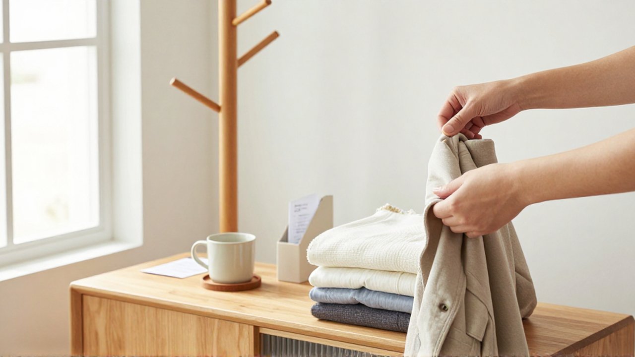 Unas manos cuelgan una chaqueta en un perchero de madera y colocan una taza sobre una mesa.