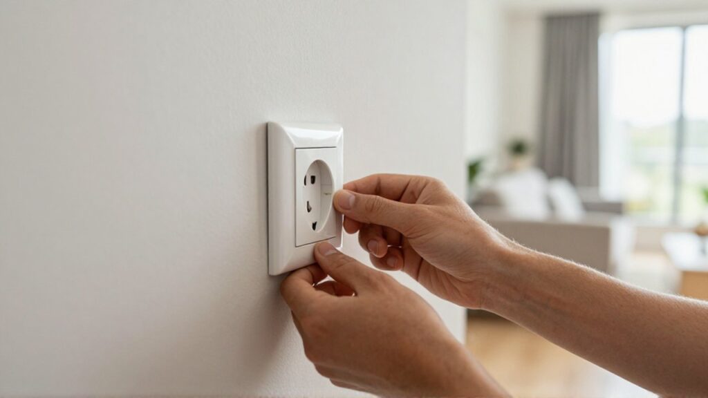 Unas manos inspeccionan de cerca un tomacorriente en una pared de un interior moderno.