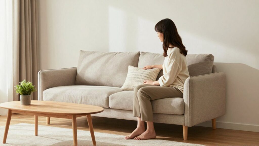 Persona sentada en el borde de un sofá compacto en una pequeña sala con una planta y mesa de madera.