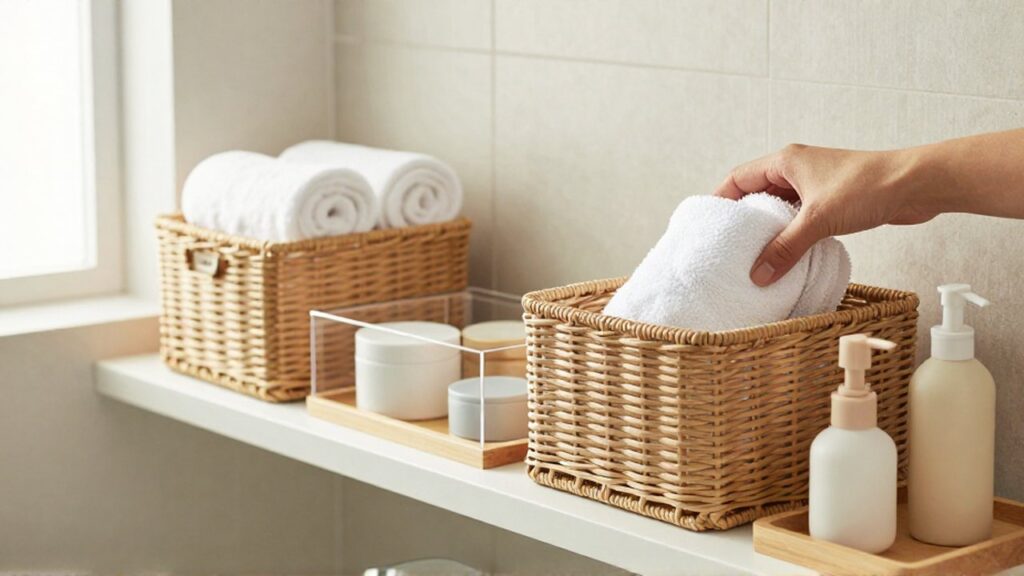 Una mano coloca una toalla blanca enrollada en una cesta de mimbre sobre un estante de baño organizado.