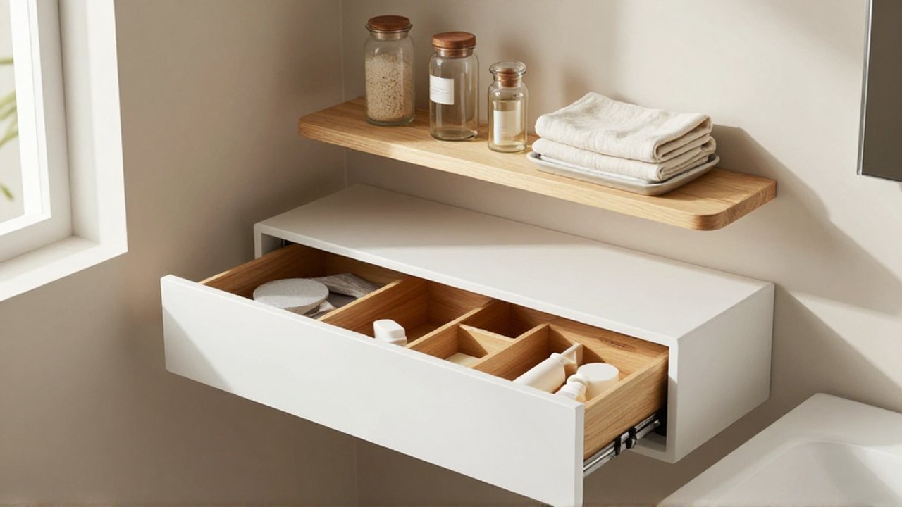 Estante de madera con frascos de vidrio y un cajón blanco con compartimentos para cosméticos.