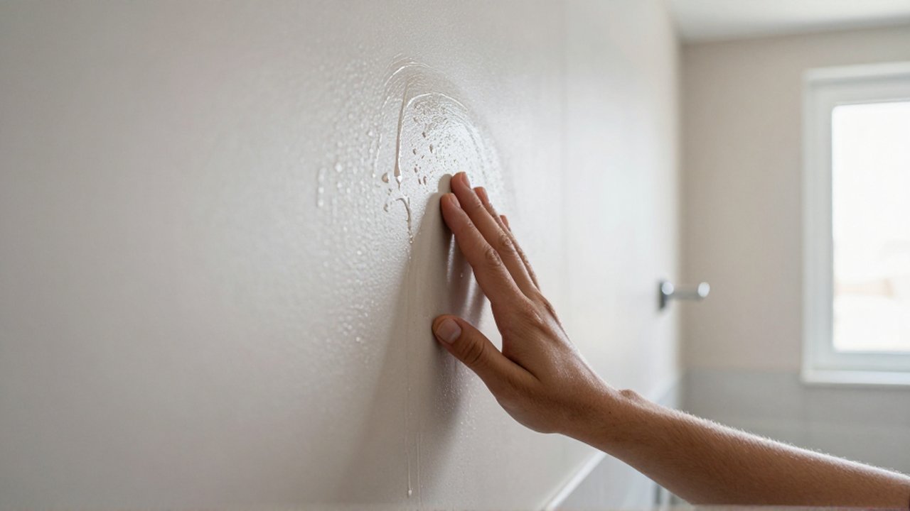 Una mano toca una mancha de humedad que se extiende sobre una pared de tono neutro.