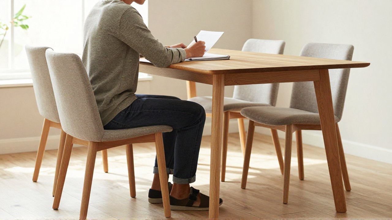Persona sentada con postura erguida frente a un cuaderno en una mesa de madera.