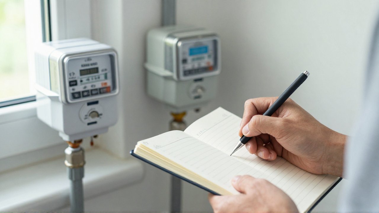 Una mano anota datos en un cuaderno junto a un medidor de agua y de electricidad.