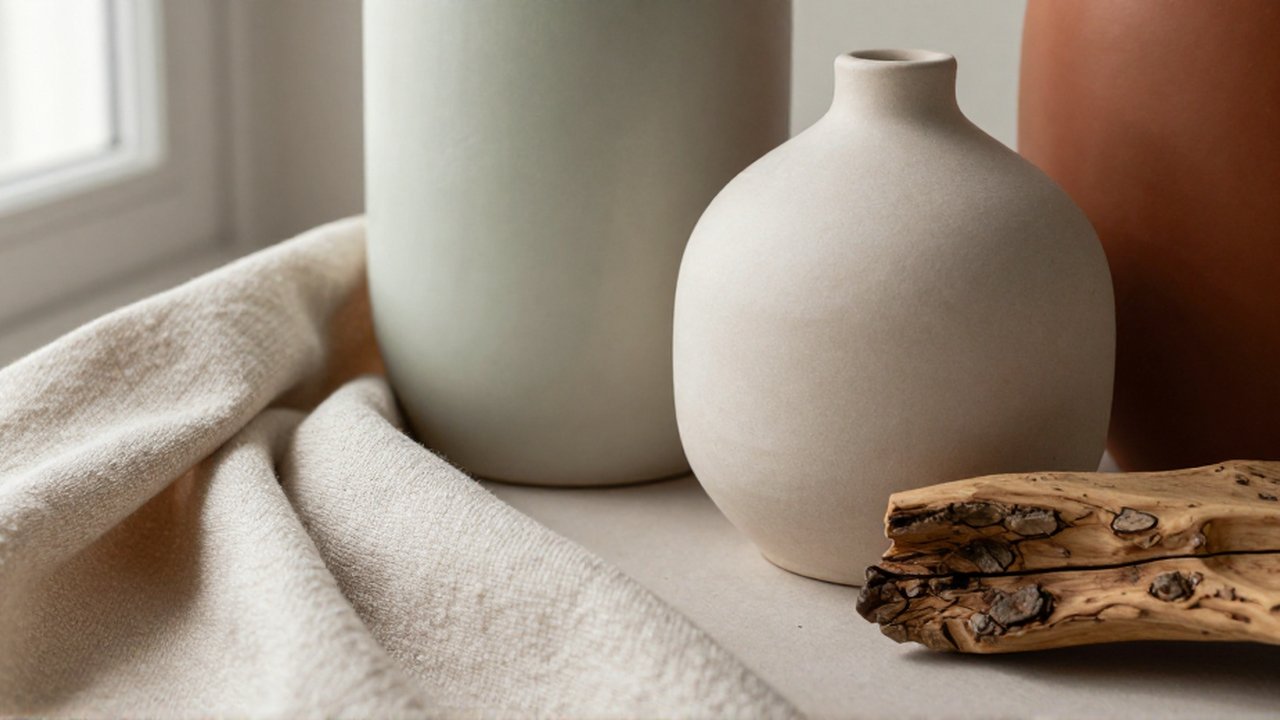 Un jarrón de cerámica curva, un trozo de madera rugosa y un textil de lino sobre una superficie neutra.