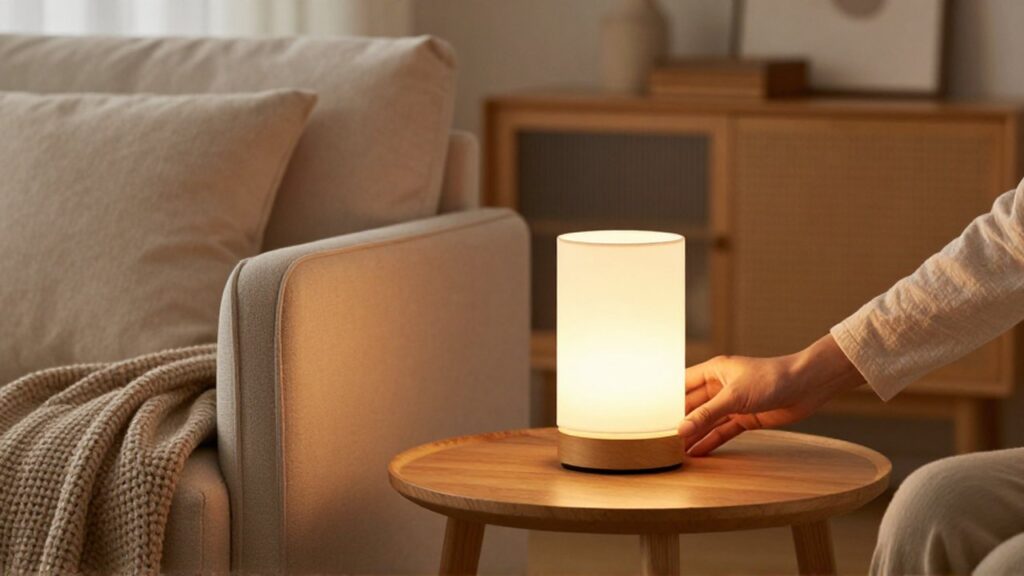 Una persona ajusta una lámpara sobre una mesa de madera en una sala moderna y acogedora.