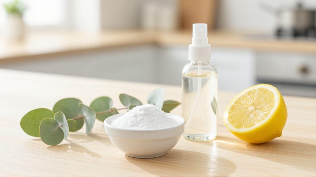 Ingredientes de limpieza natural sobre madera