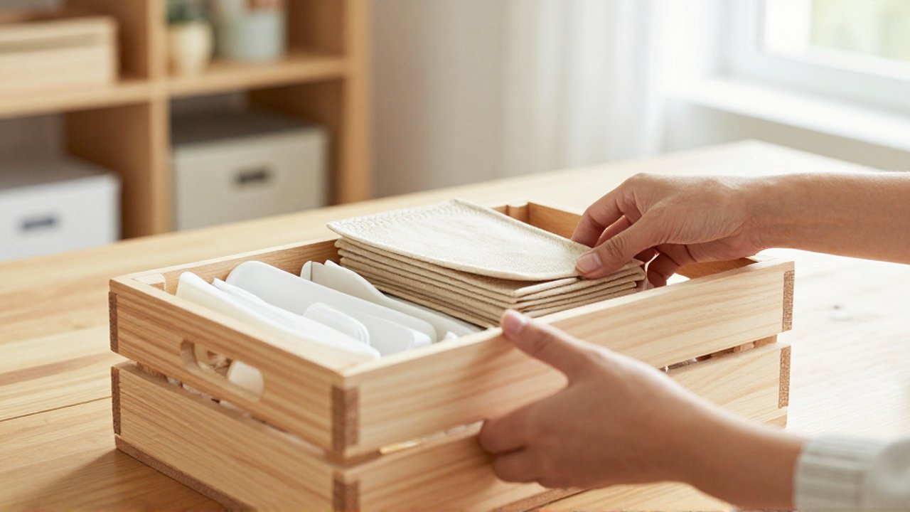 Unas manos clasifican objetos domésticos en una pila y en una caja de madera sobre una superficie clara.