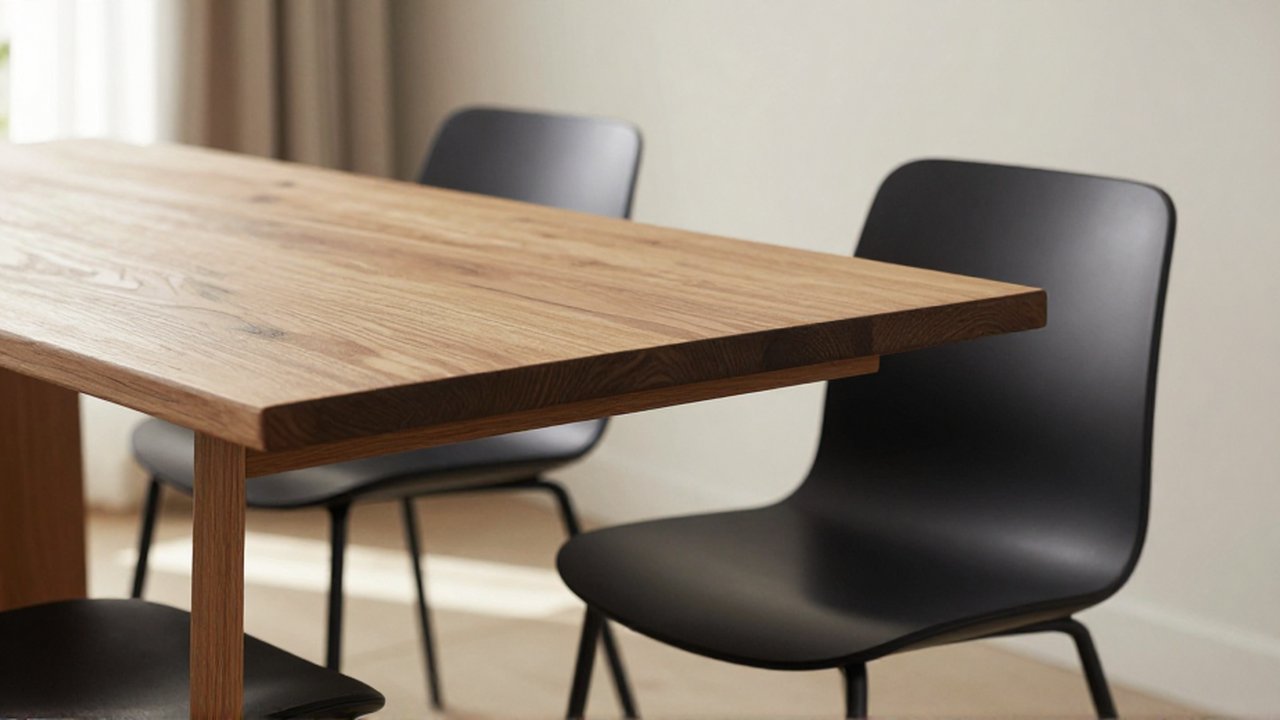 Sillas minimalistas de patas metálicas negras junto a una mesa de madera de roble.