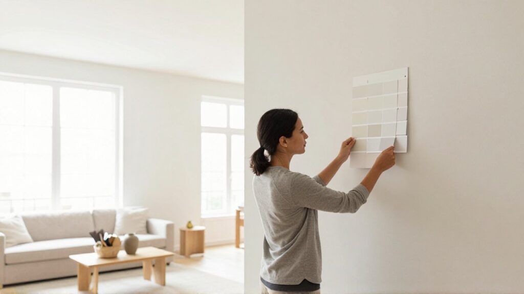 Una persona sostiene una muestra de color arquitectónico frente a una pared en una sala minimalista.