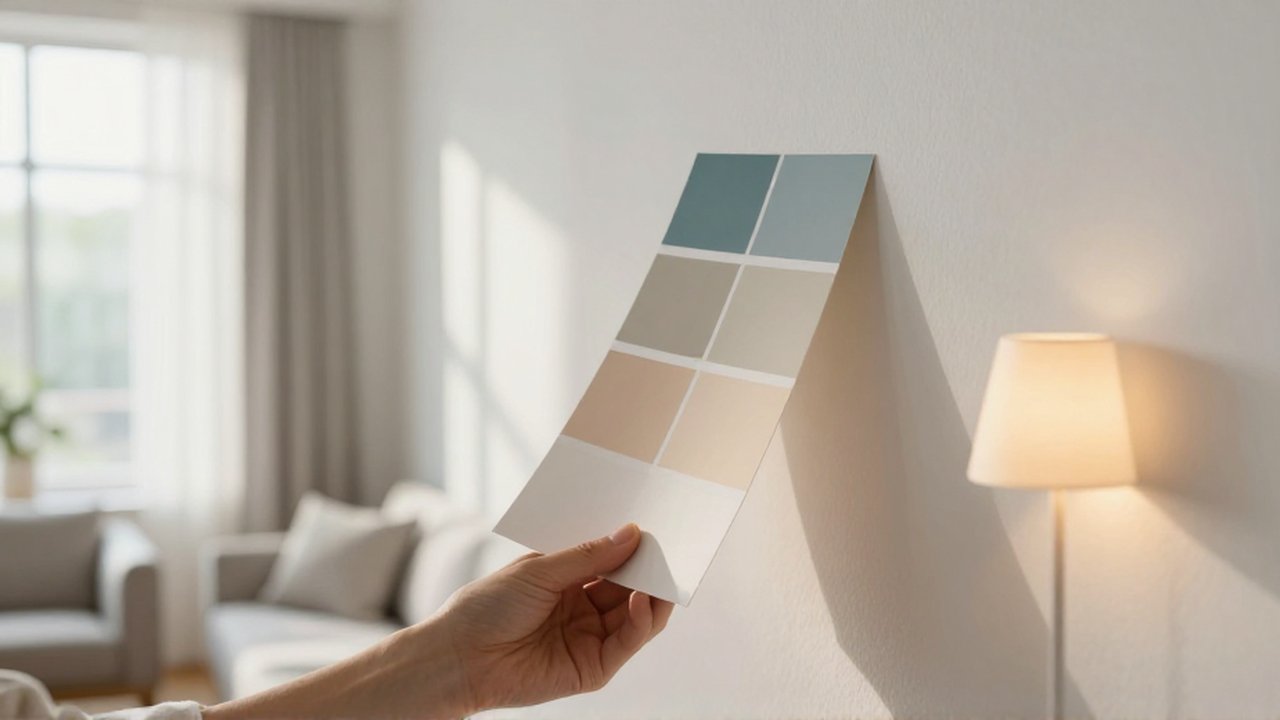 Una persona sostiene una muestra de color frente a una pared en una sala iluminada por luz natural y una lámpara.