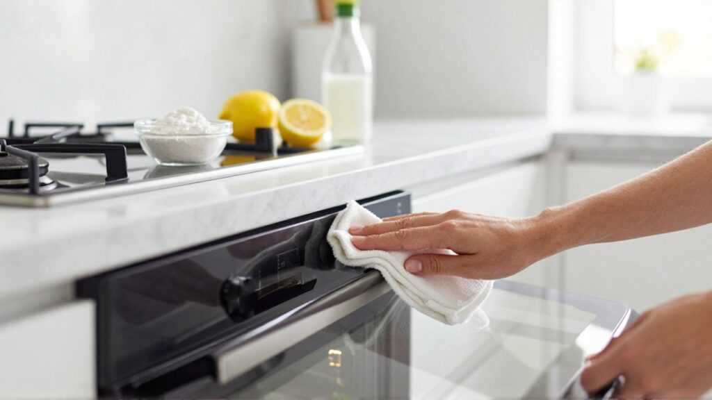 Una persona limpia el cristal interior de un horno con un paño blanco y pasta natural.