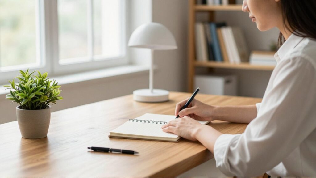 Persona sentada de perfil frente a un escritorio de madera con un cuaderno