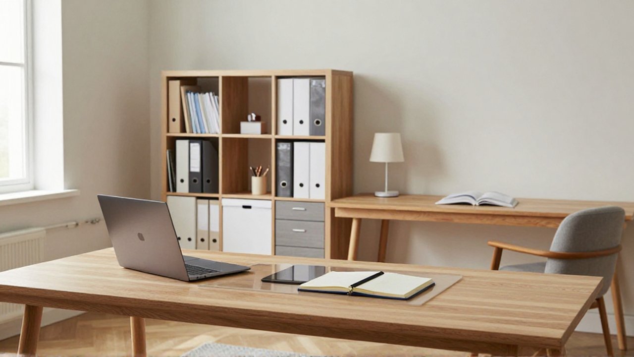 Oficina en casa organizada con un escritorio de madera, un sillón de lectura y estanterías con carpetas.