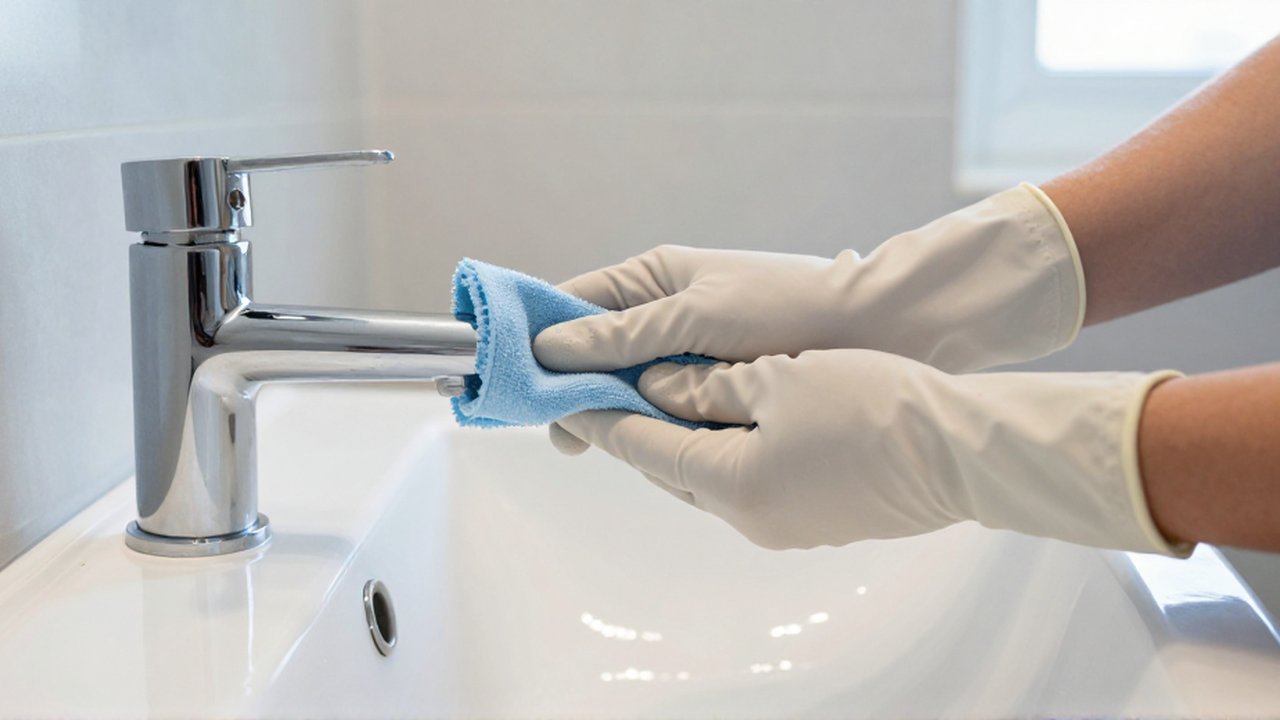 Una persona con guantes de colores neutros limpia un grifo cromado y un lavabo blanco con un paño de microfibra.