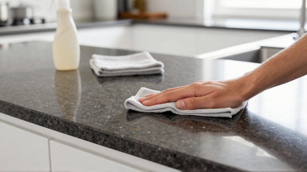 Unas manos limpian con un paño de microfibra una encimera de granito oscuro en una cocina moderna.