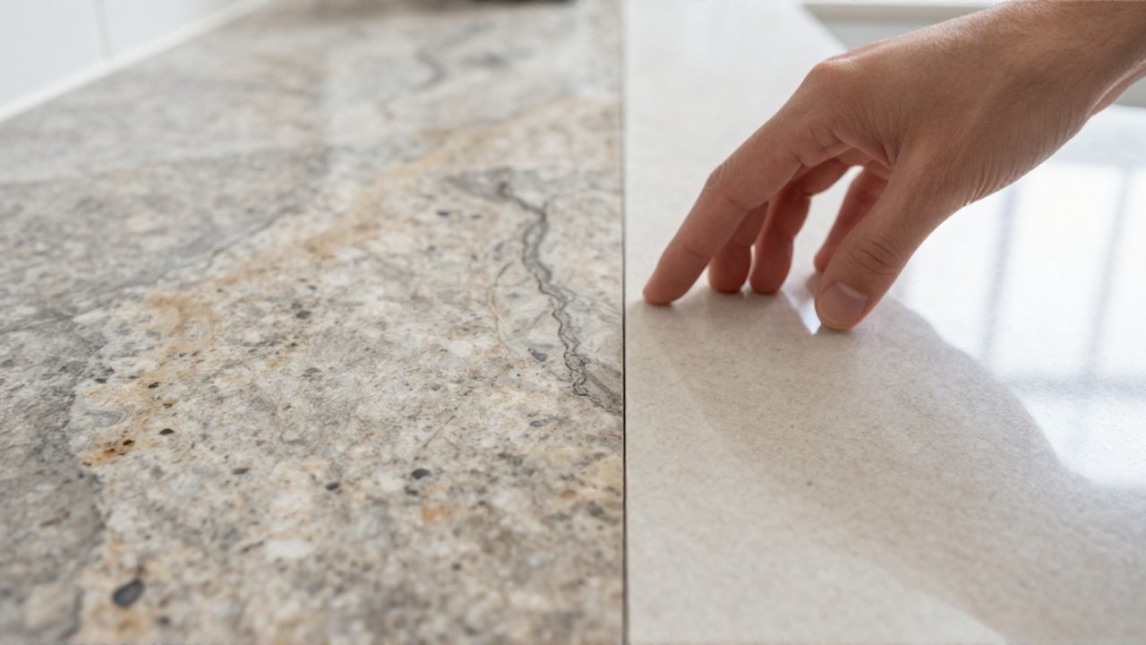 Una mano toca la superficie de una encimera de granito junto a una de cuarzo en una cocina.
