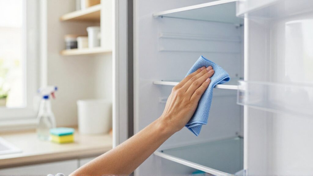 Una persona limpia con un paño un estante de un refrigerador blanco en una cocina luminosa.
