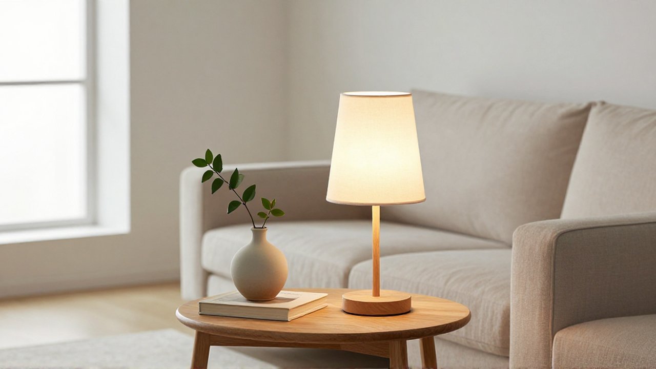 Una lámpara de pie ilumina una mesa de madera con un jarrón y un libro en una sala luminosa.