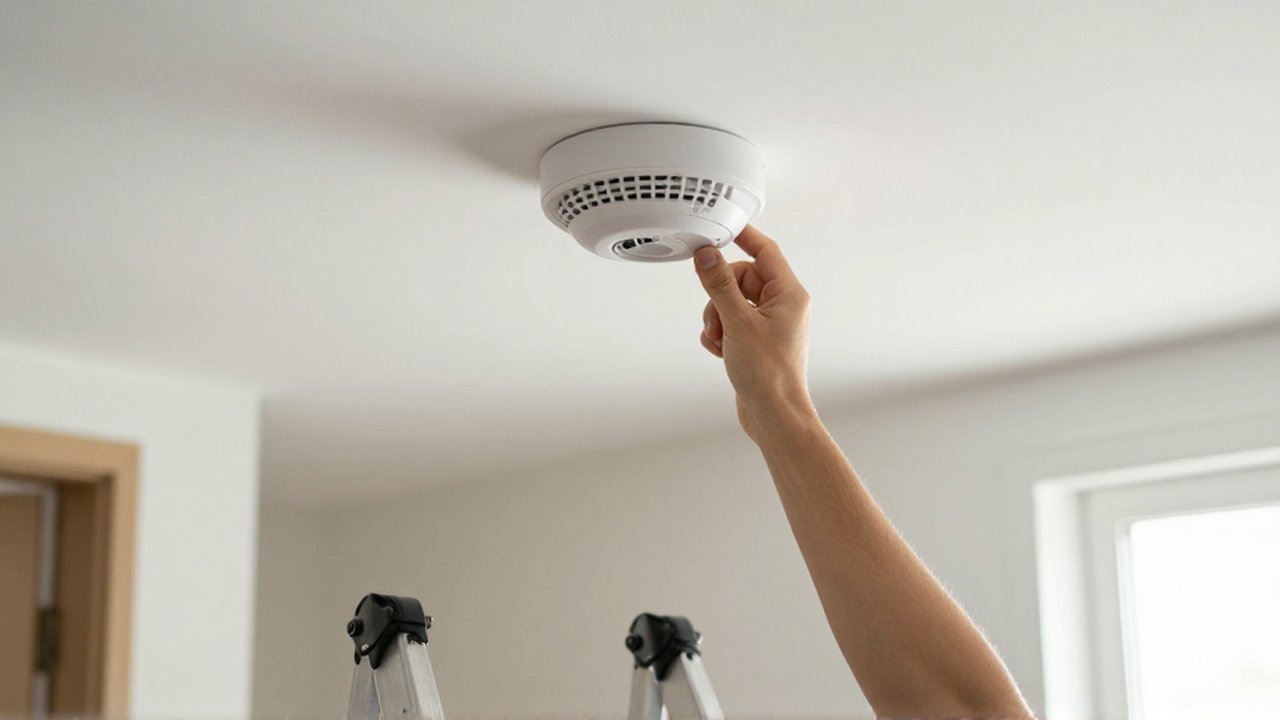 Una persona en una escalera revisa un detector de humo instalado en un techo blanco.