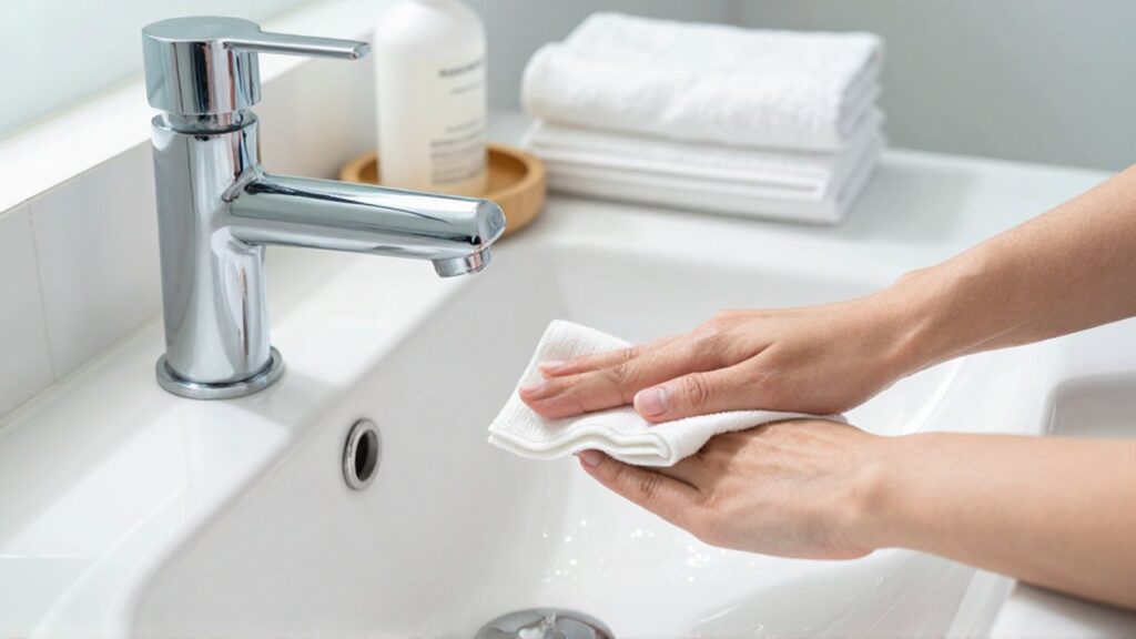 Unas manos limpian un lavabo de porcelana blanca con un paño de microfibra en un baño luminoso.