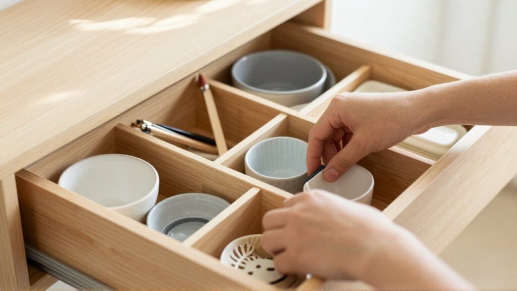 Unas manos colocan artículos de papelería y utensilios de cocina en un organizador de madera.