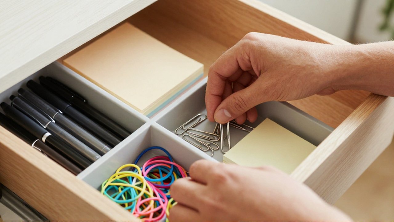 Unas manos colocan clips metálicos en un compartimento de un cajón de madera organizado.