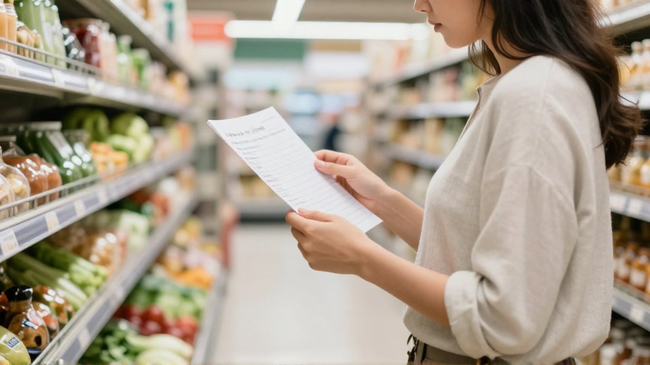 Una persona lee una lista de compras escrita a mano mientras camina por un pasillo de supermercado.