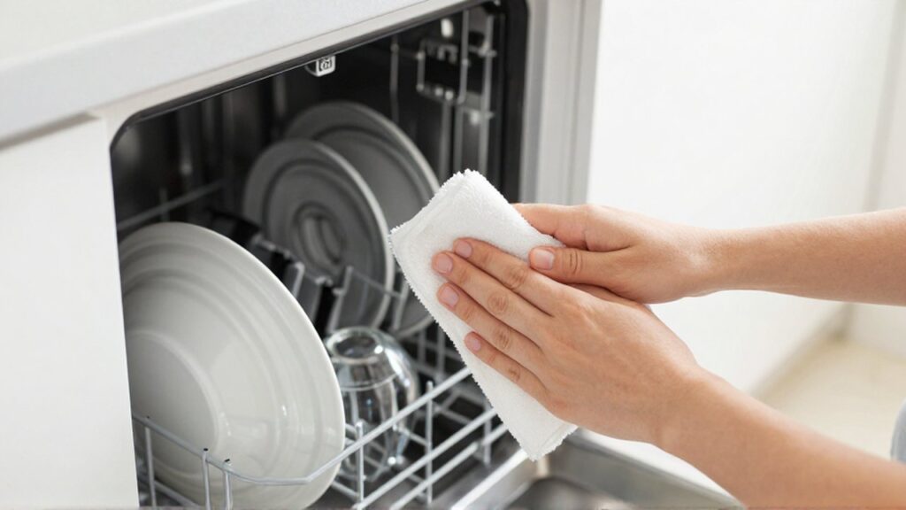 Unas manos limpian el interior brillante de un lavavajillas con un paño blanco junto a platos organizados.