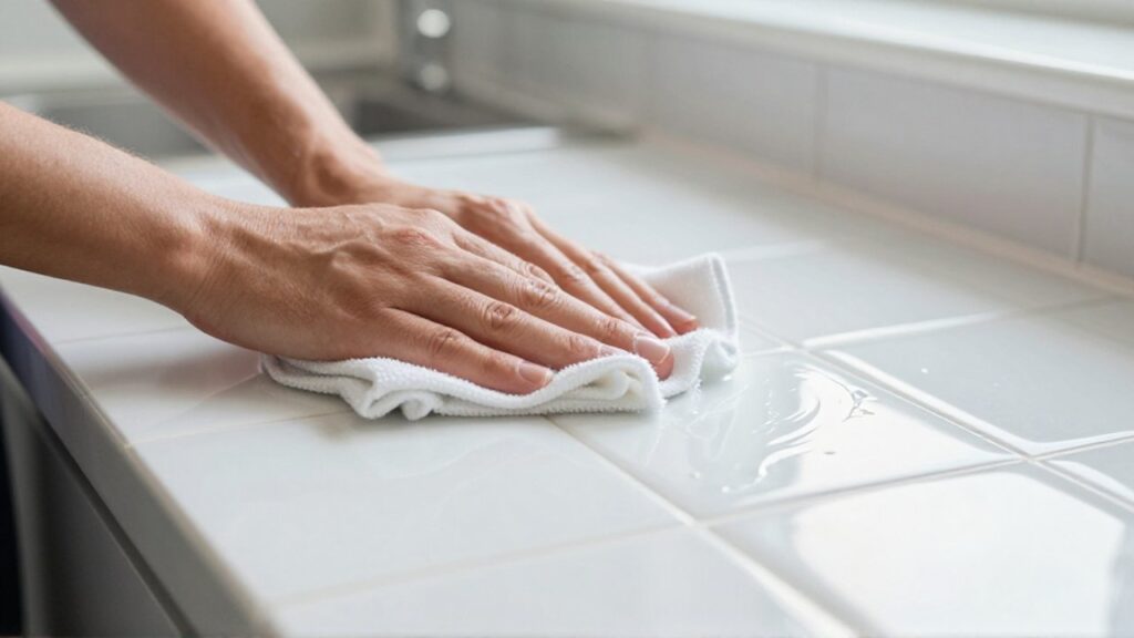 Unas manos limpian con un paño de microfibra una superficie de azulejos cerámicos blancos.