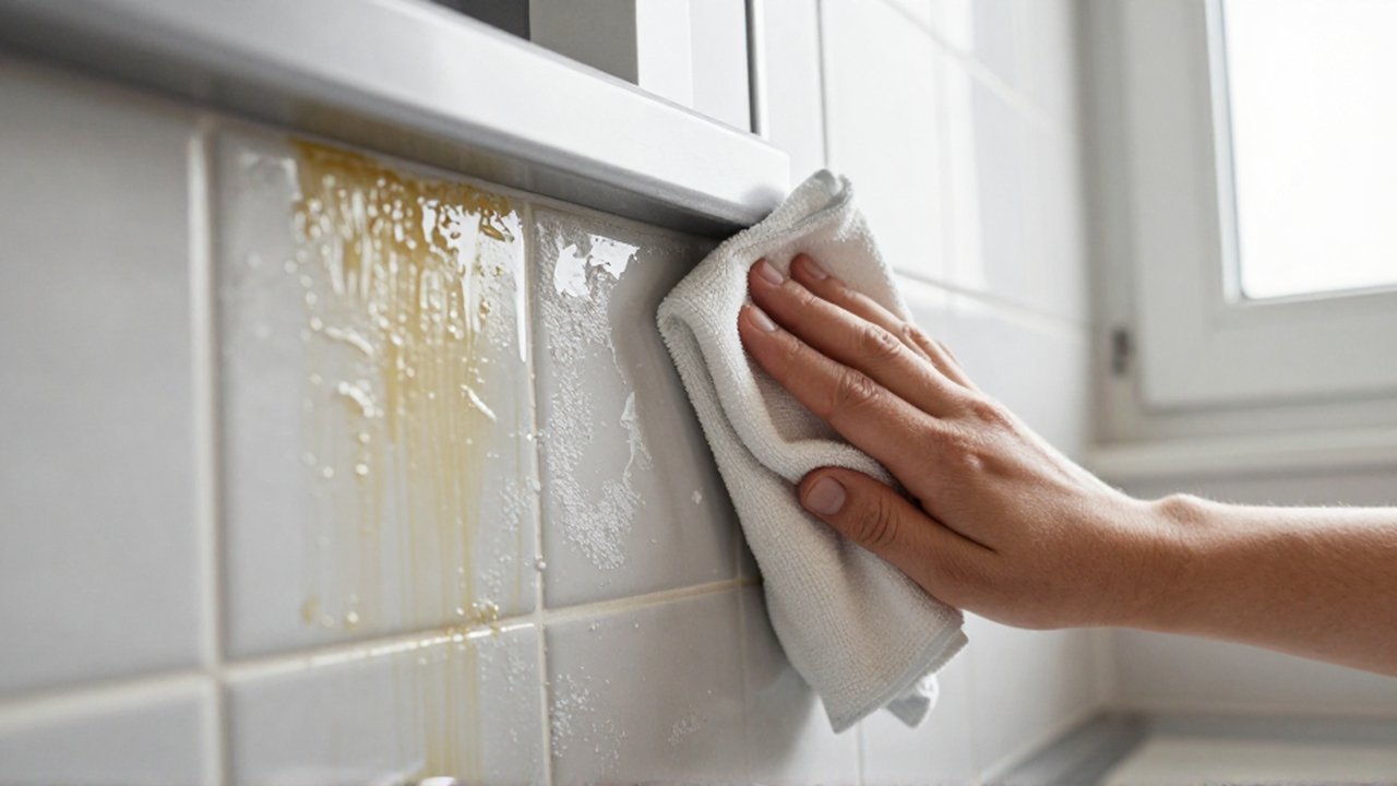 Una mano pasa un paño de microfibra sobre azulejos para limpiar residuos grasos y manchas de cal.