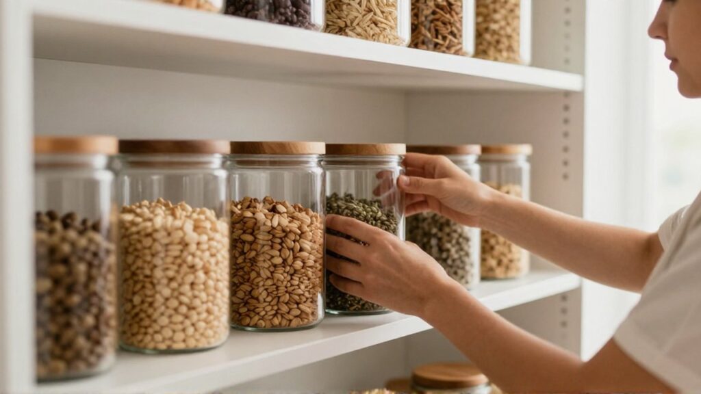 Una persona organiza frascos de madera y vidrio con granos y especias en una despensa moderna.