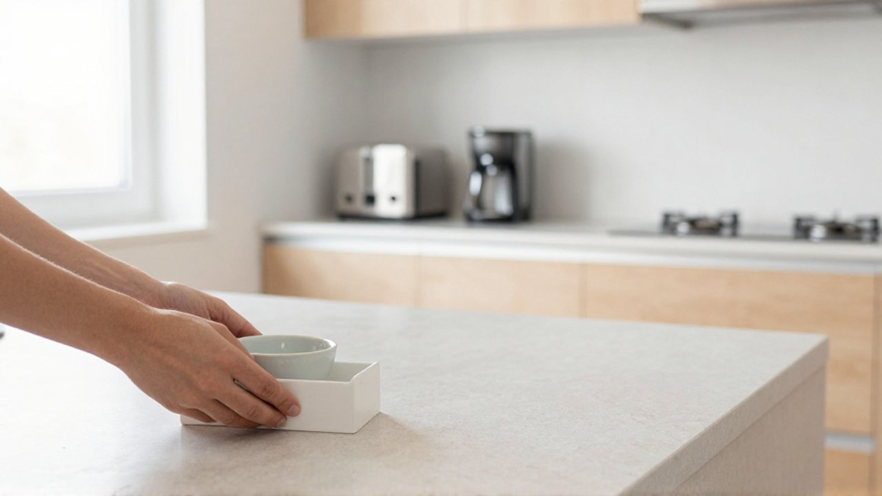 Una mano coloca un pequeño cuenco de cerámica en un organizador sobre una encimera de cocina moderna.