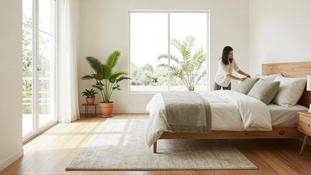 Una persona ajusta un cojín sobre una cama en un dormitorio amplio y minimalista con plantas.