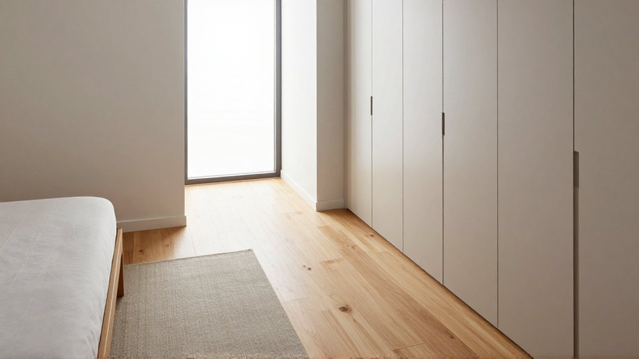 Dormitorio amplio con una cama de madera, un armario neutro y un pasillo despejado sobre suelo de madera clara.