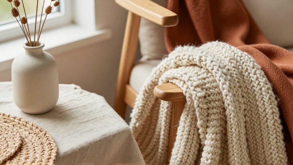 Manta de lana tejida sobre una silla de madera junto a un jarrón con ramas secas.