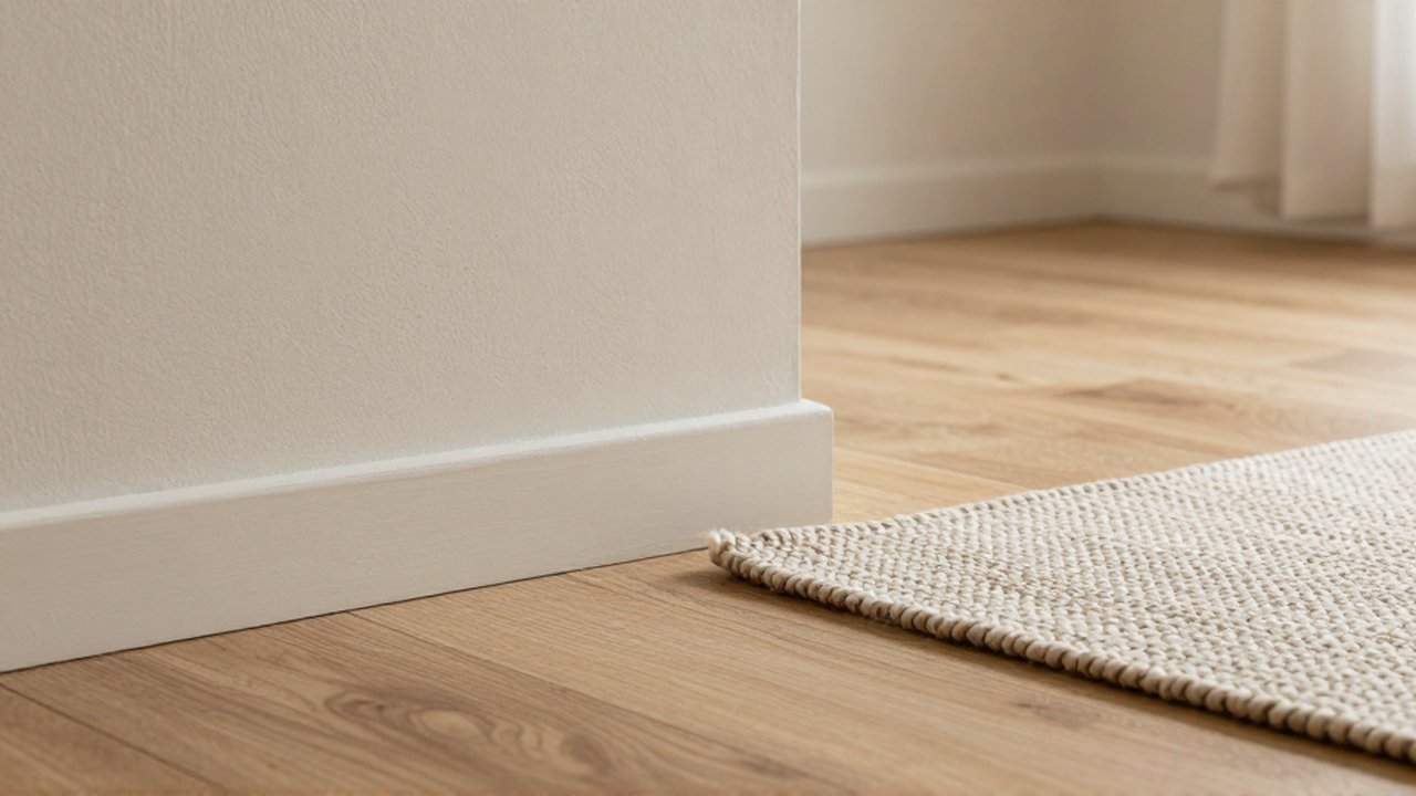 Un rincón con pared de yeso con relieves, suelo de madera clara y una alfombra tejida.